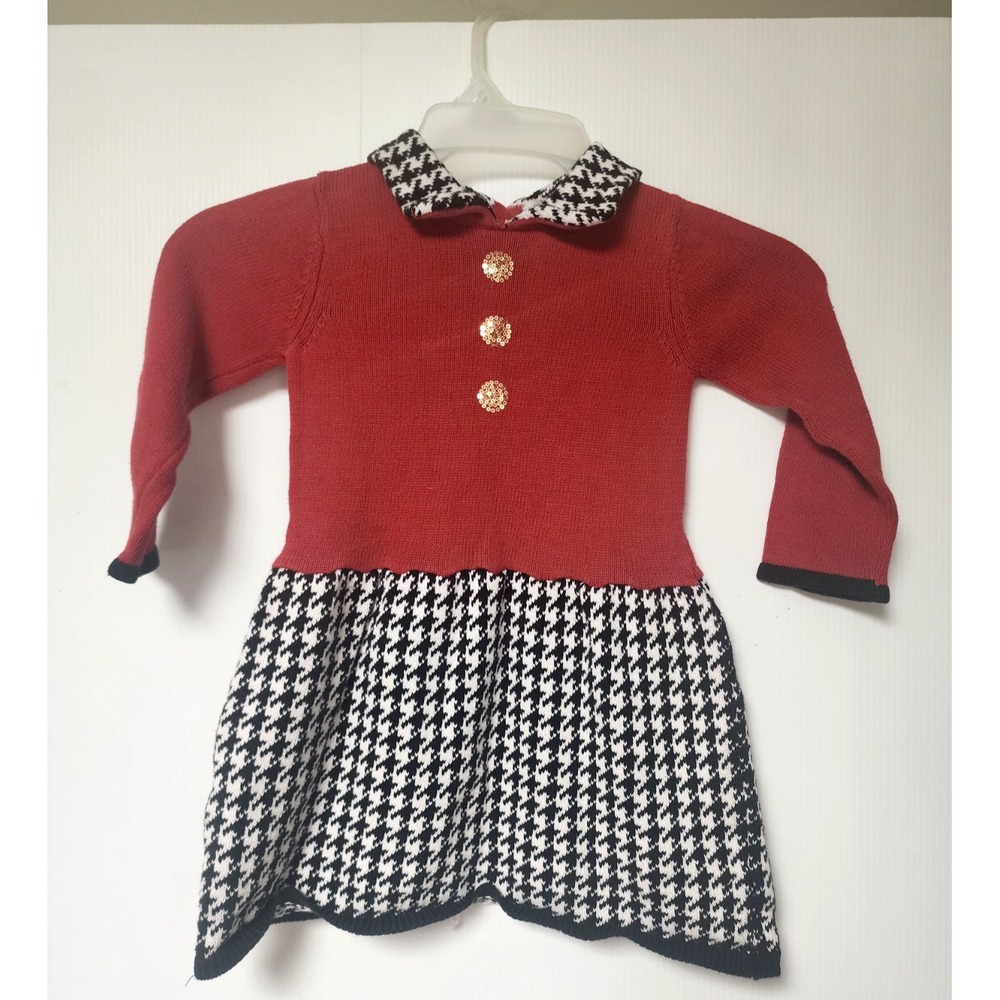 Savannah Toddler Size 4T Red Knit Sweater Dress with Houndstooth Collar/Skirt